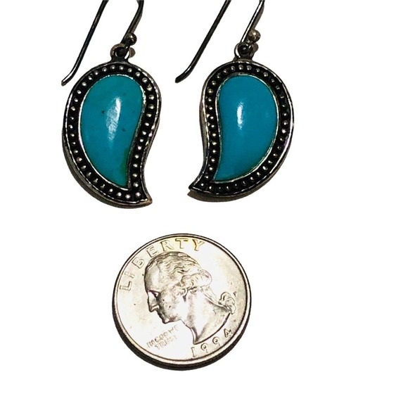 Sterling Silver SX 925 Thailand teardrop Shape Turquoise Dangle Earrings Hook - Picture 6 of 8